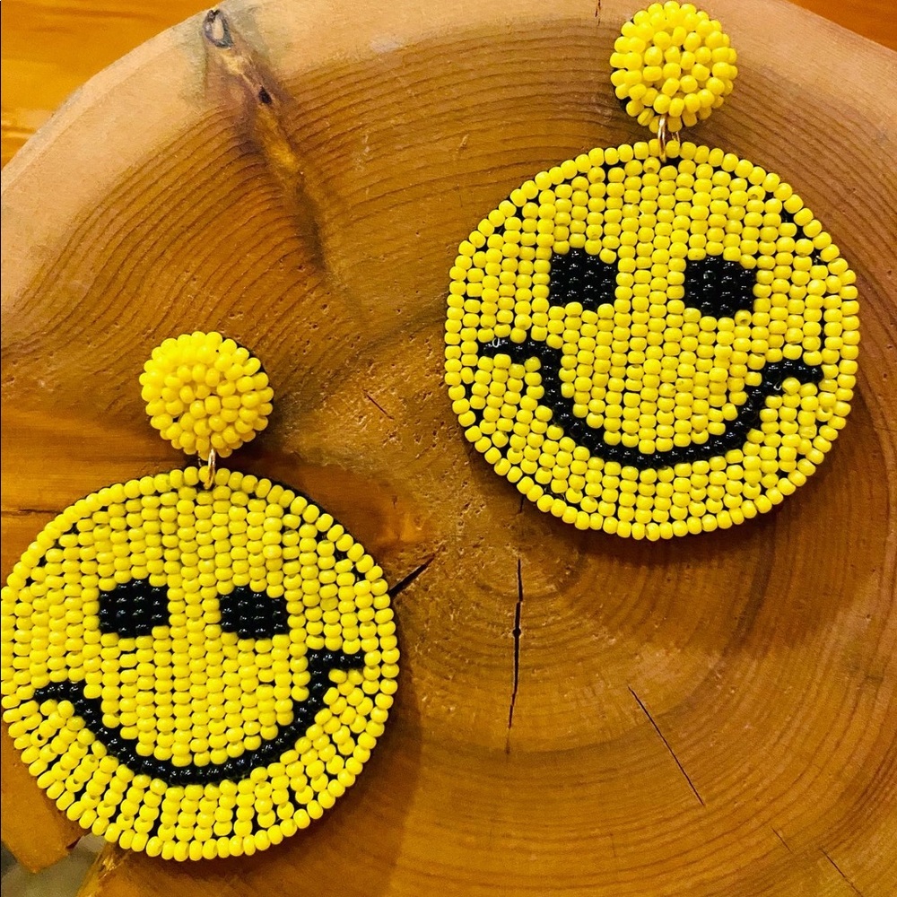 Yellow Beaded Smiley Drop Earrings - Bright Statement Jewelry